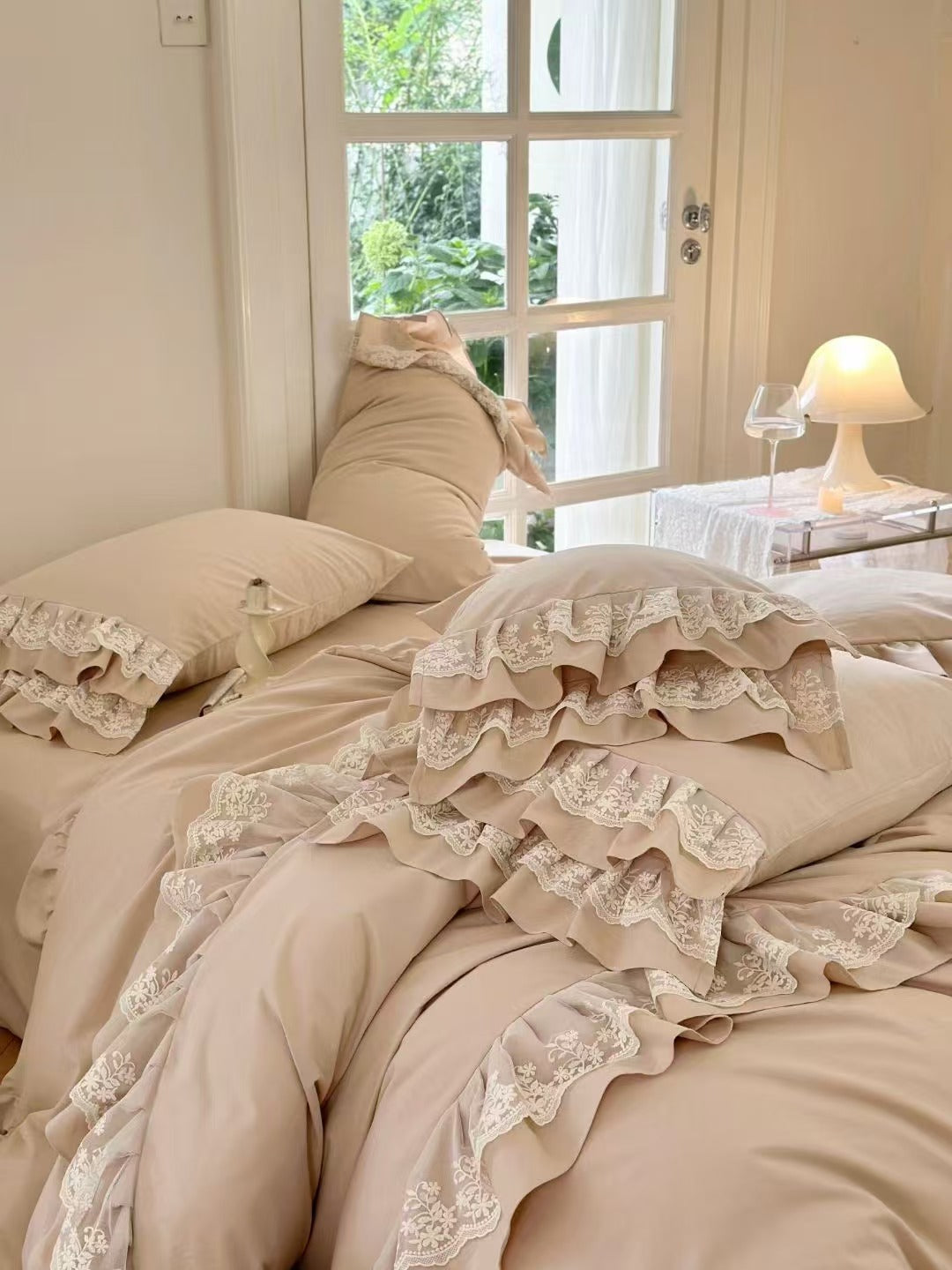 Queen size lace bedding set crafted from soft cotton fabric, combining timeless elegance with breathable comfort for a perfect night's sleep.