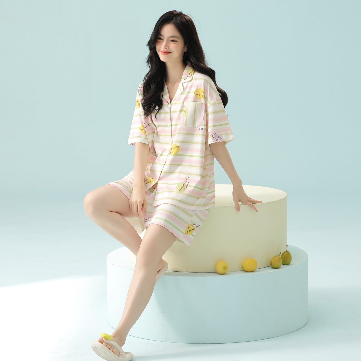 Lemon Pop · Women's Cotton Pajama Set - Short Sleeve & Shorts / Nightdress