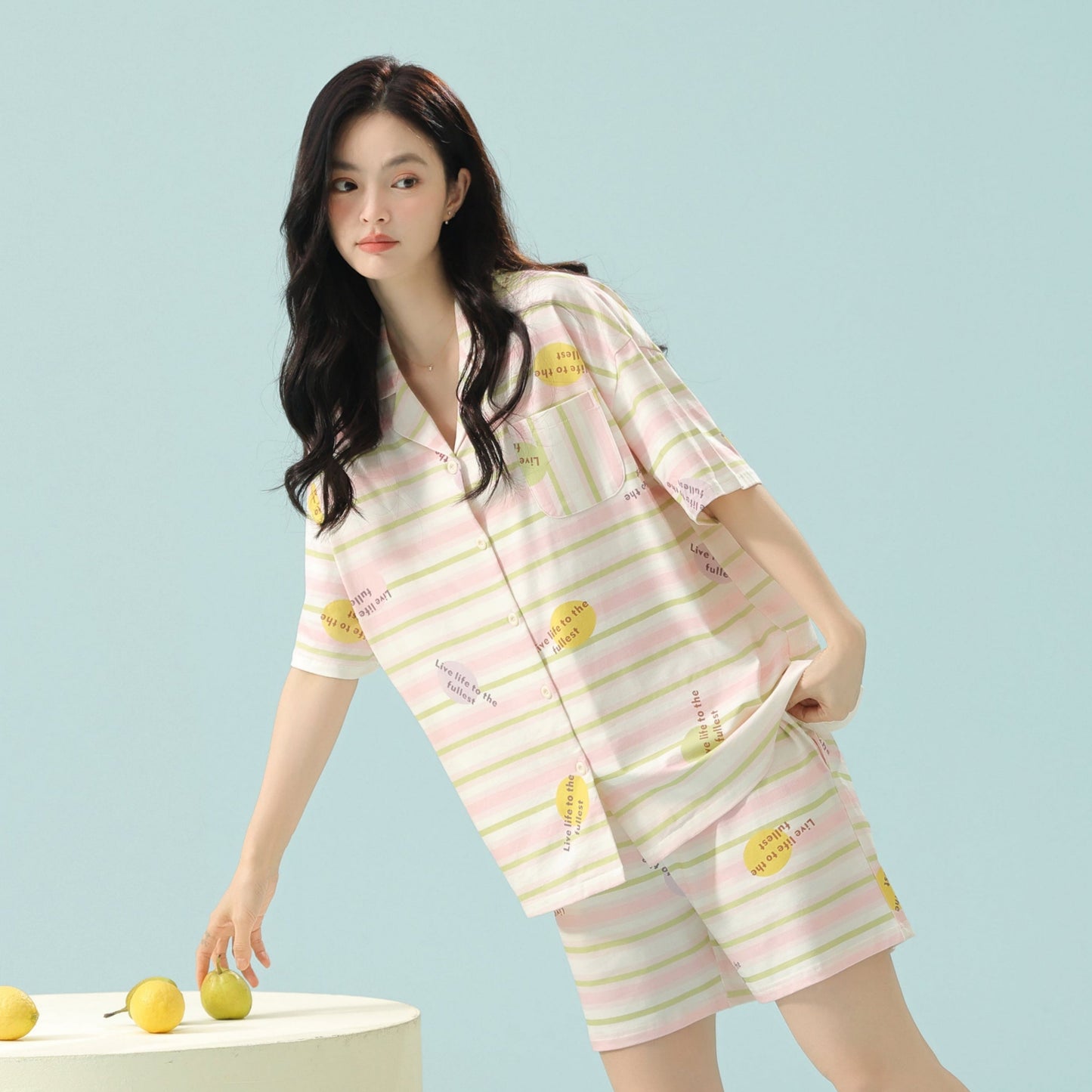Lemon Pop · Women's Cotton Pajama Set - Short Sleeve & Shorts / Nightdress