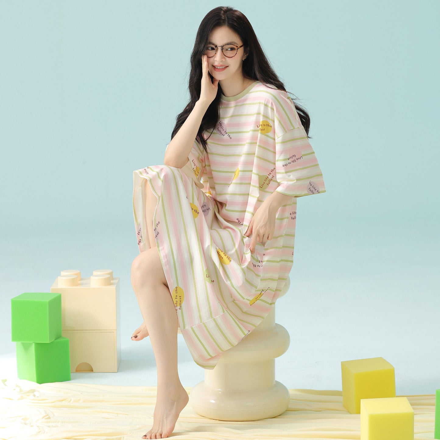 Lemon Pop · Women's Cotton Pajama Set - Short Sleeve & Shorts / Nightdress