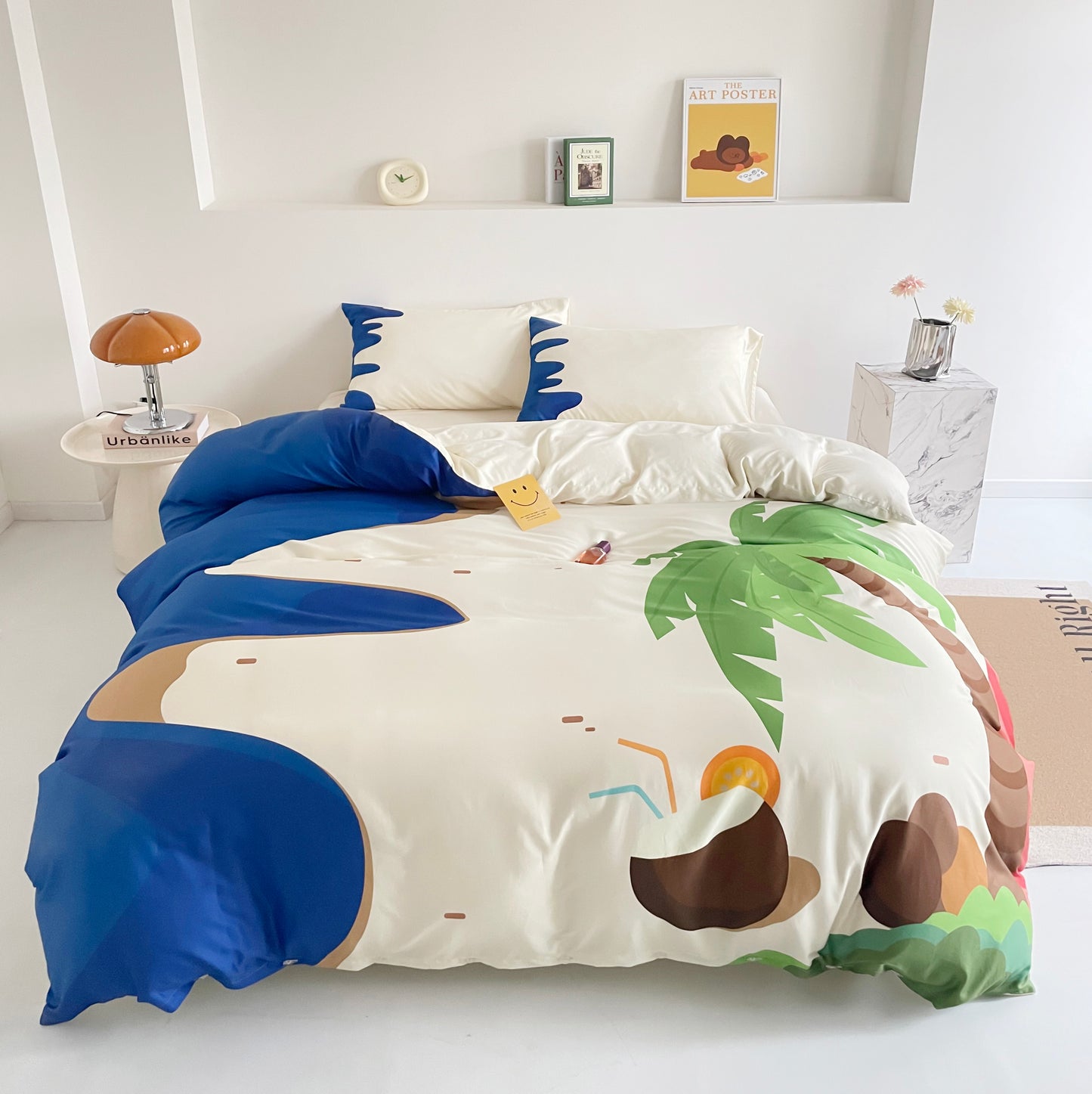 ocean-inspired coastal bedding set with beach and palm tree designs