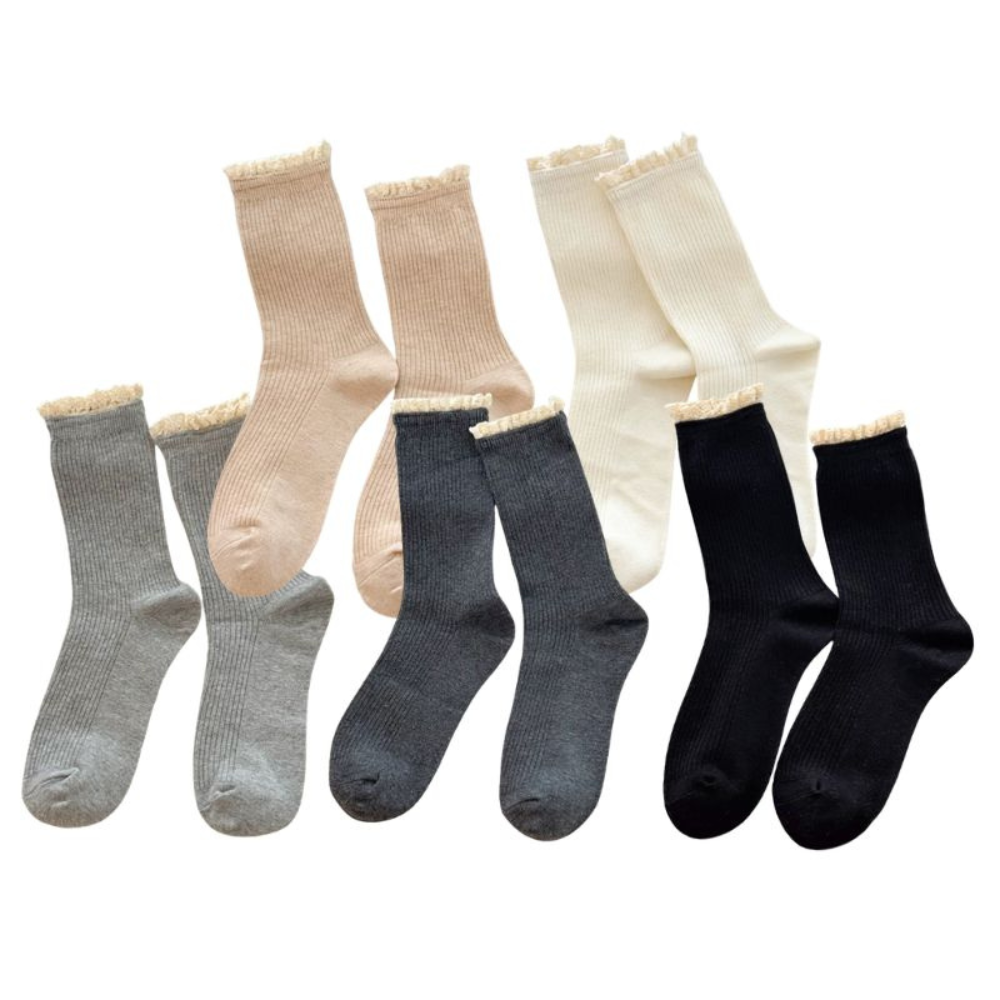 Mori Rib · Chic French Vintage Lace Crew Socks 5 Pairs