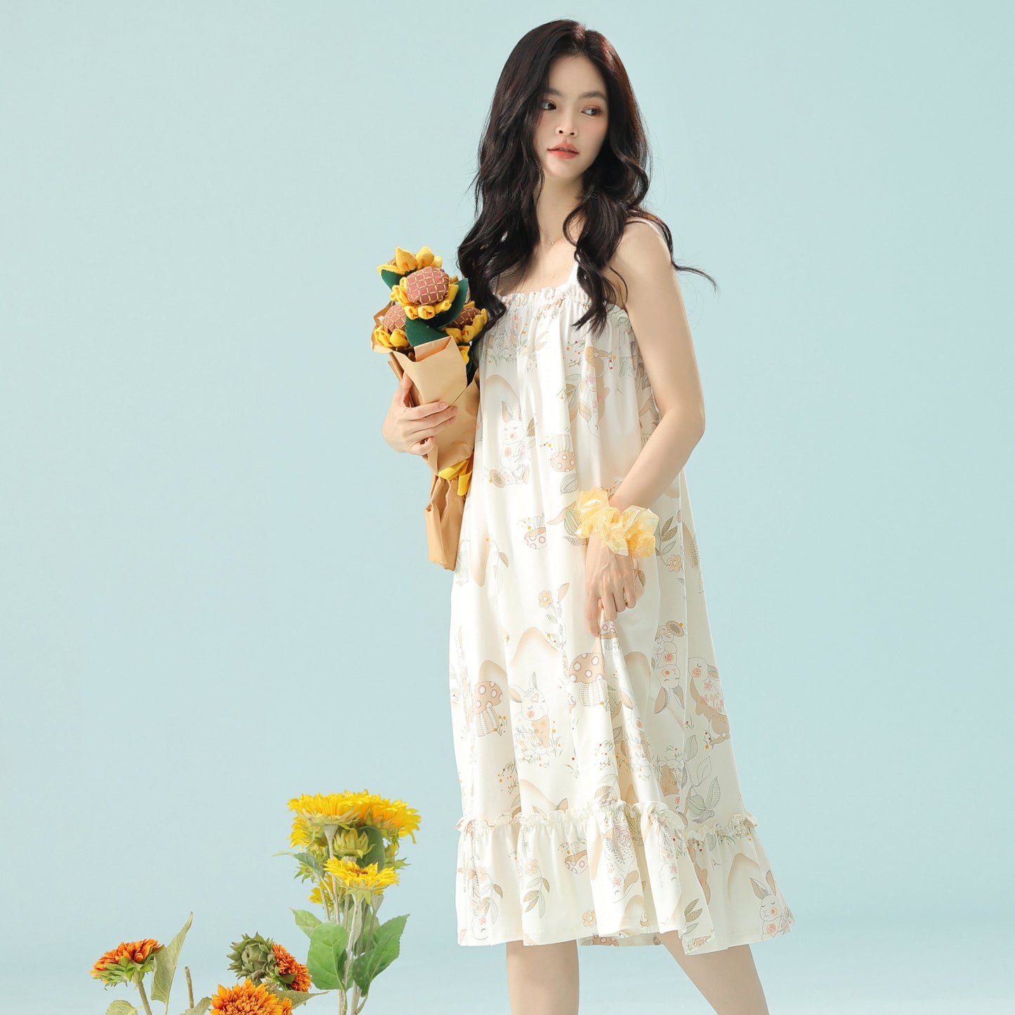 Mushroom Bunny · Women's Cotton Pajama Set - Short-Sleeve Nightdress / Camisole Nightdress
