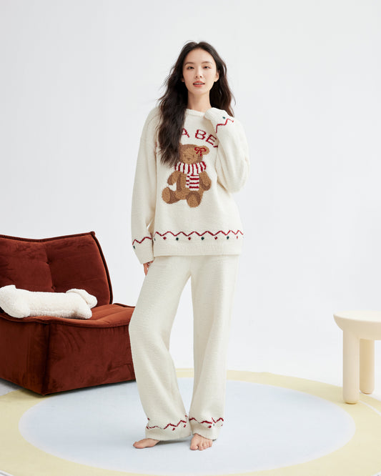 Teddy Bear · Plush Fleece Sleepwear Set - Long Sleeve Pants Set / Nightdress