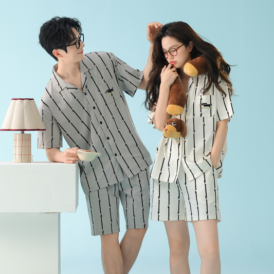 Doodle Stripes  · Couple Cotton Short Sleeve Pajama Set