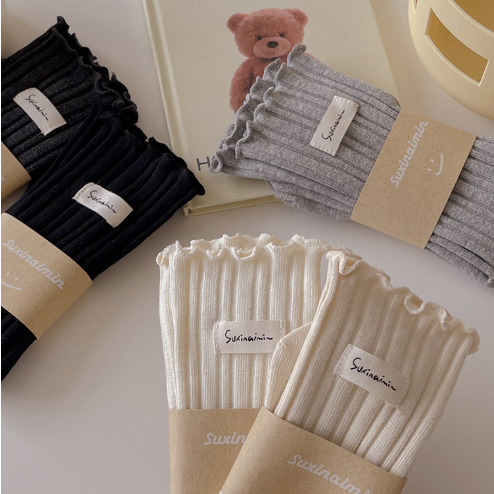 FrillStep · Japanese Ruffle Trim Ribbed Long Socks