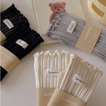 FrillStep · Japanese Ruffle Trim Ribbed Long Socks