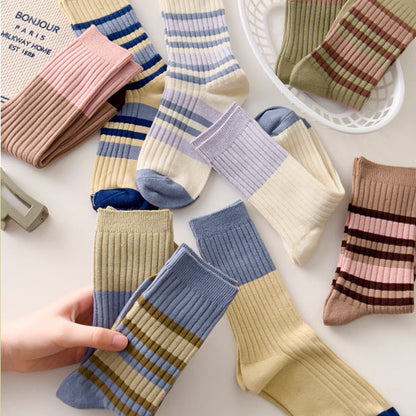 Haze & Stripe · Vintage Striped Ribbed Crew Socks 5 Pairs