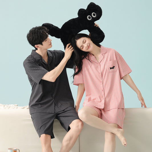 Puppy Stripes · Couple Cotton Short Sleeve Pajama Set