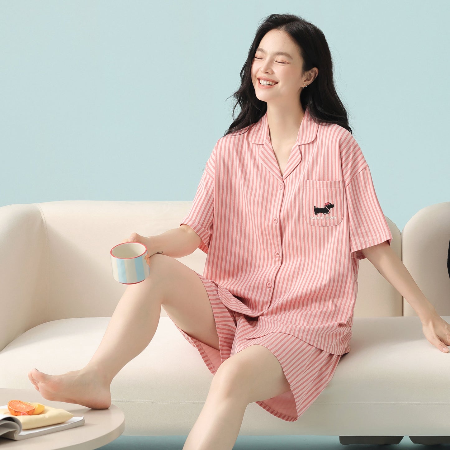 Puppy Stripes · Couple Cotton Short Sleeve Pajama Set