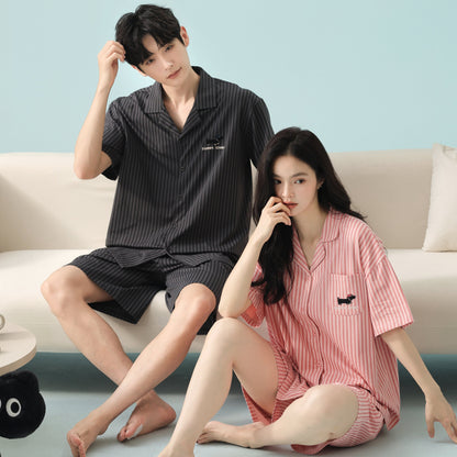 Puppy Stripes · Couple Cotton Short Sleeve Pajama Set