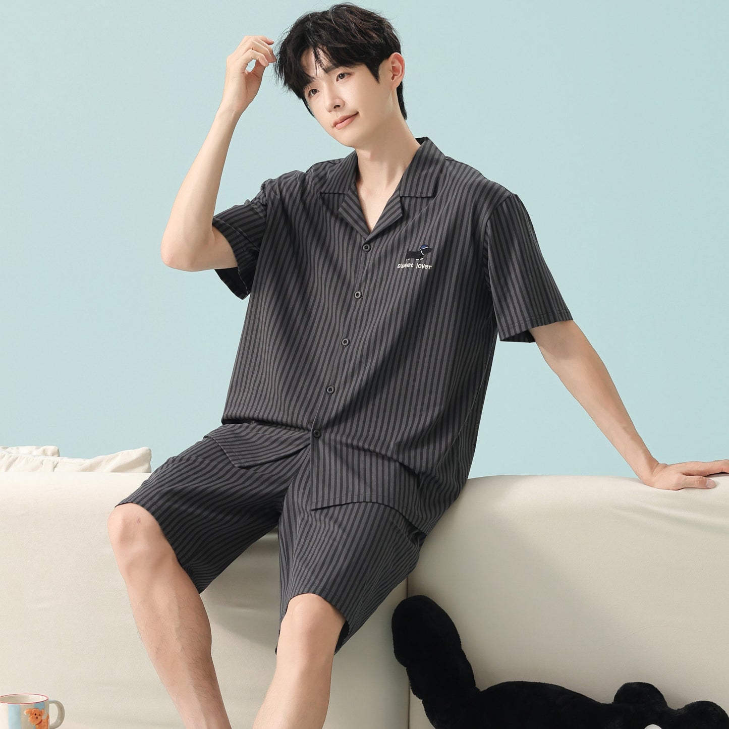Puppy Stripes · Couple Cotton Short Sleeve Pajama Set