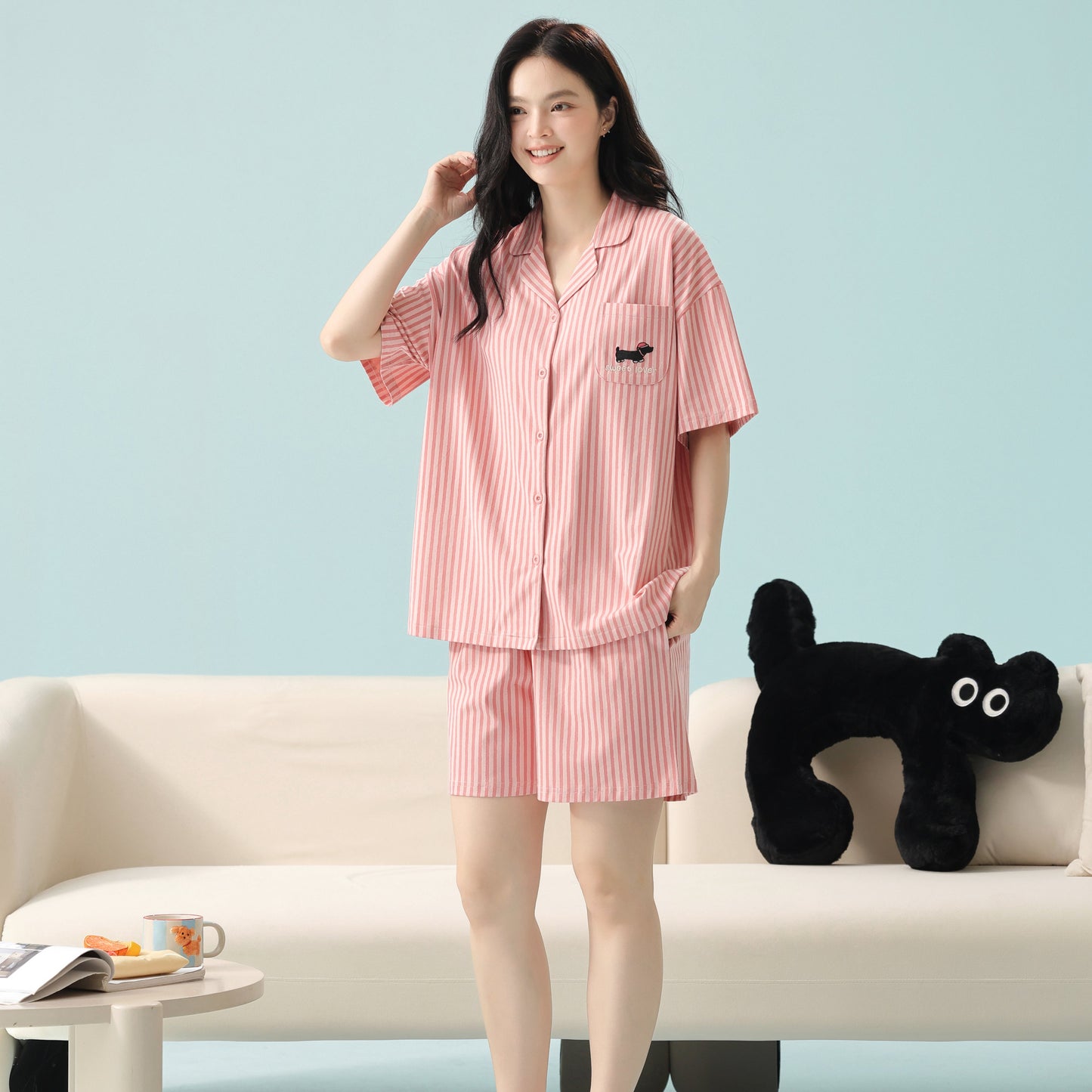Puppy Stripes · Couple Cotton Short Sleeve Pajama Set