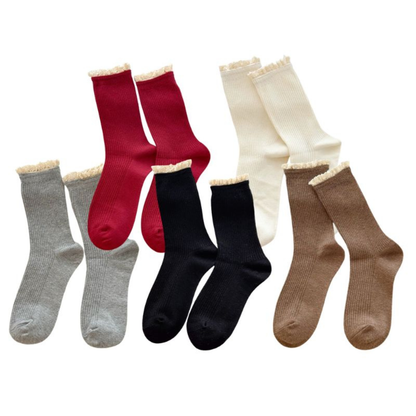 Mori Rib · Chic French Vintage Lace Crew Socks 5 Pairs