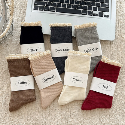 Mori Rib · Chic French Vintage Lace Crew Socks 5 Pairs
