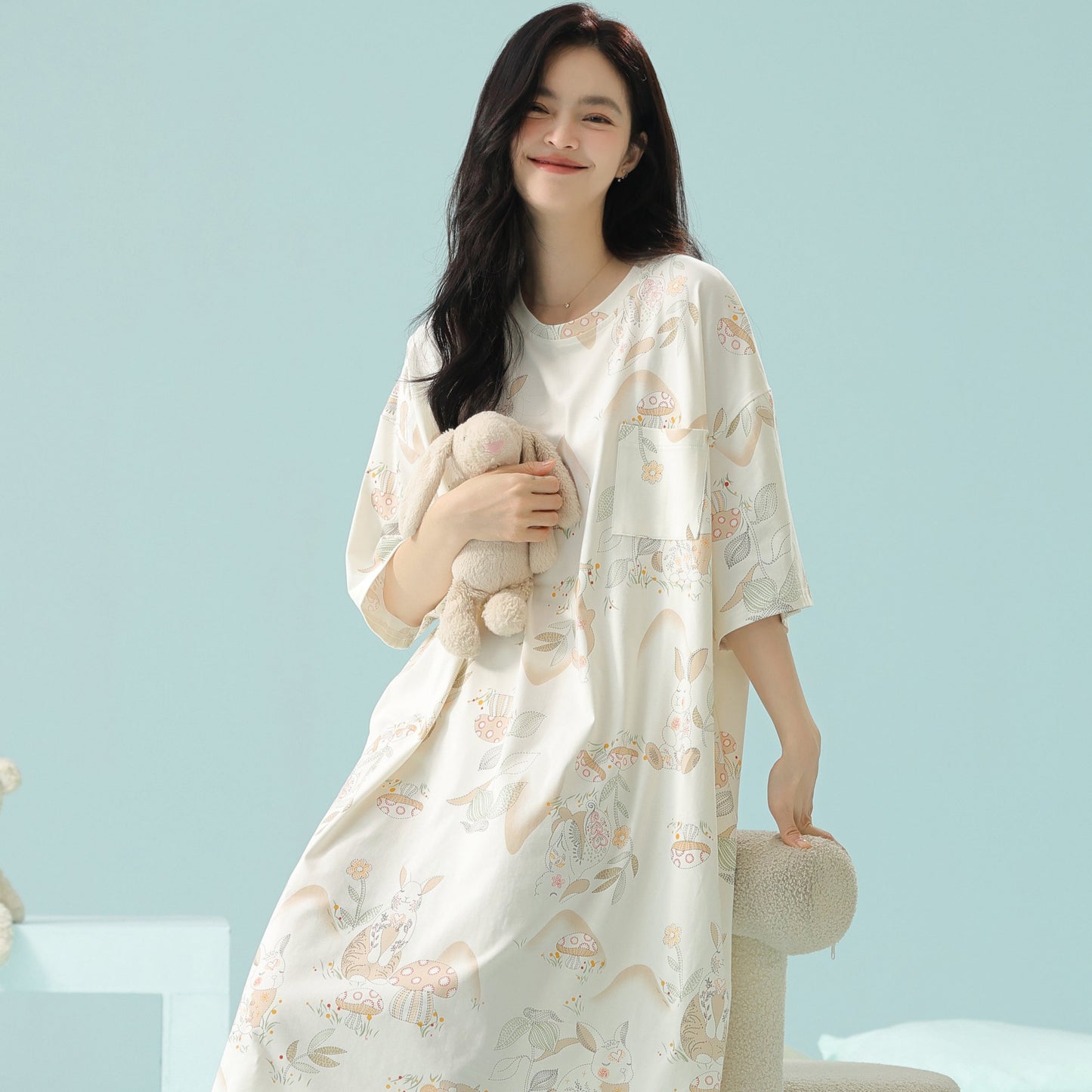Mushroom Bunny · Women's Cotton Pajama Set - Short-Sleeve Nightdress / Camisole Nightdress