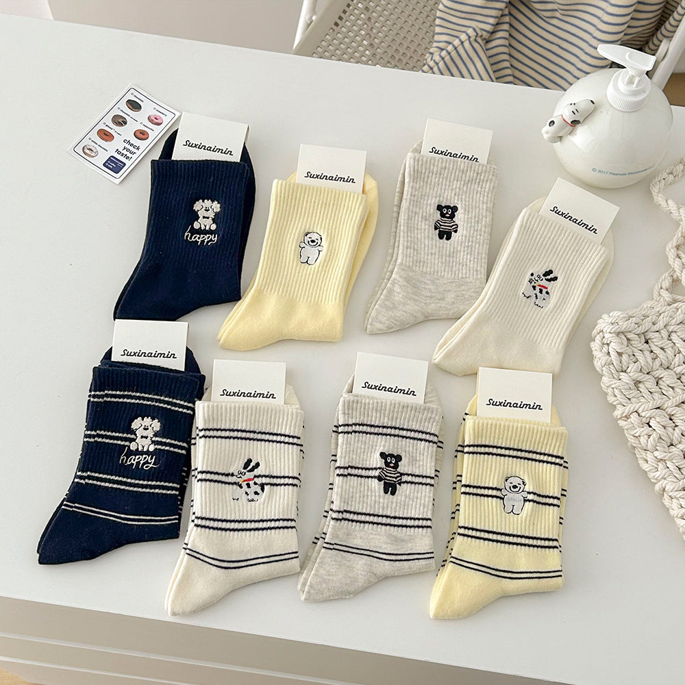 Paws & Stripes · Embroidered Cotton Crew Socks