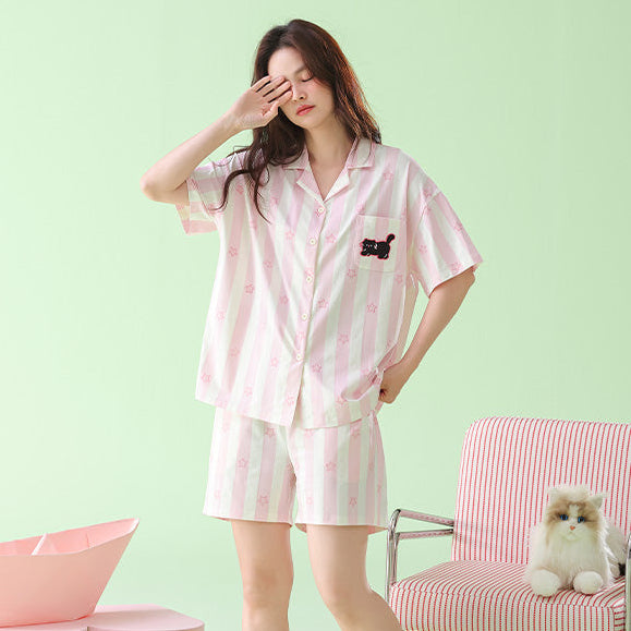Pink Kitty · Women's Cotton Short Sleeve & Shorts Pajama Set