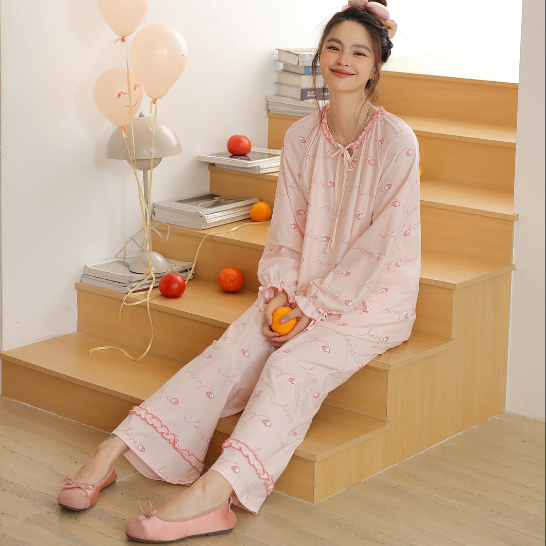 Ruffled Heart · Women's Cotton Long-Sleeve Pajama Set