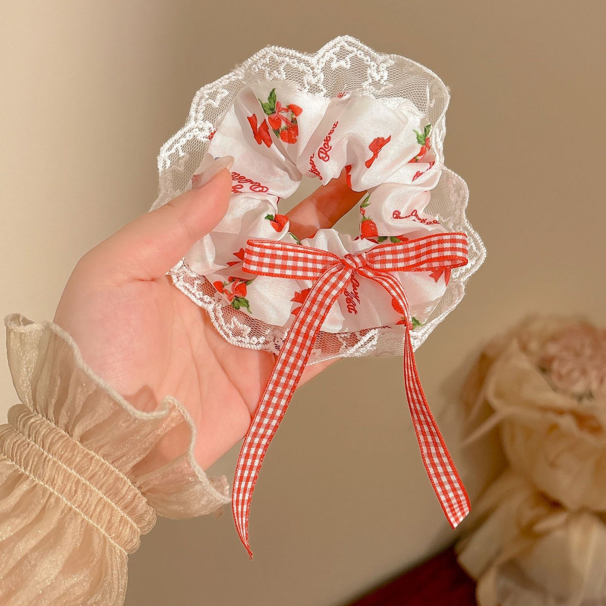 Vintage Red Bow & Floral Hair Scrunchies Collection