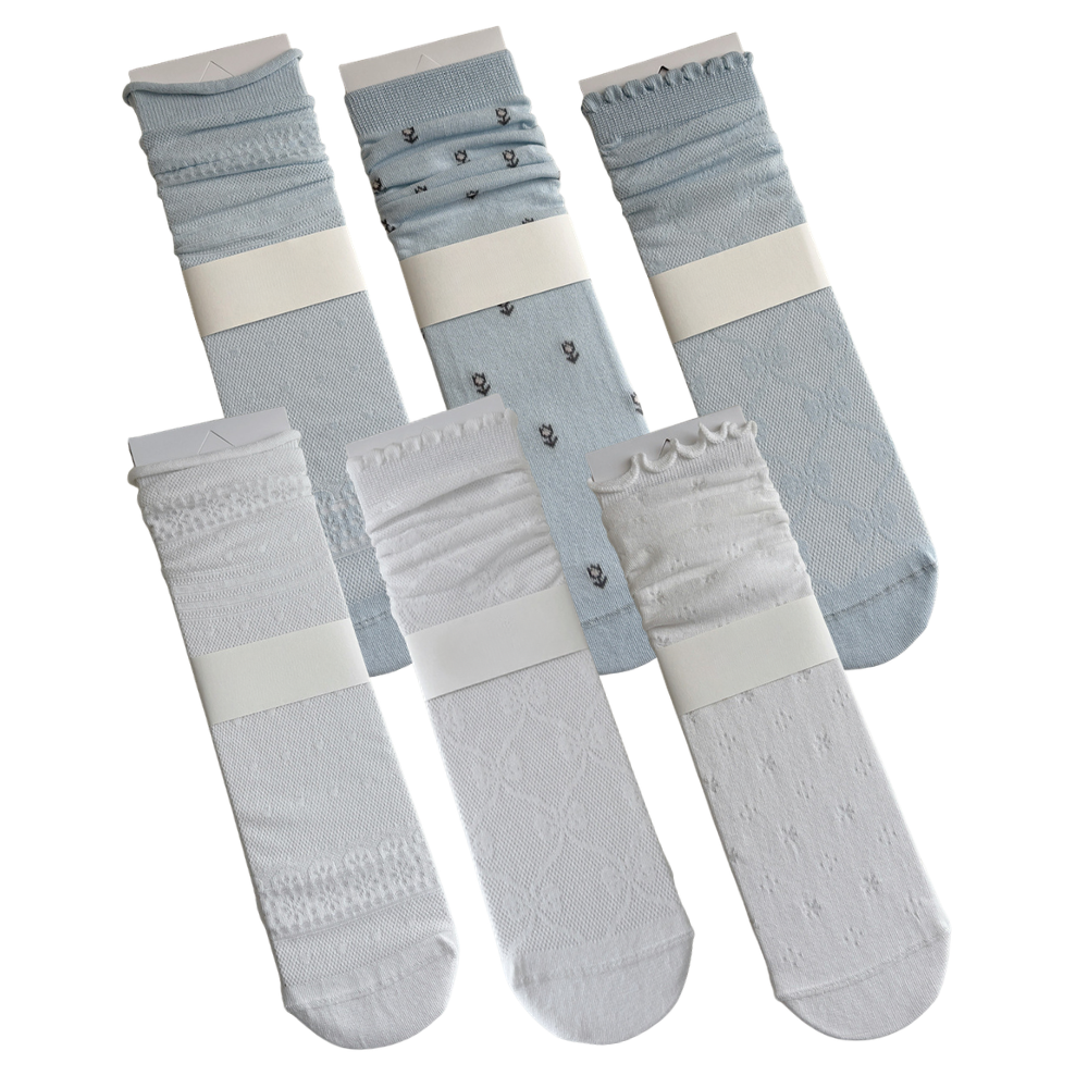 Serenade of Sea Salt · Korean Style Sweet Floral Hollow-Out Crew Socks 6 Pairs