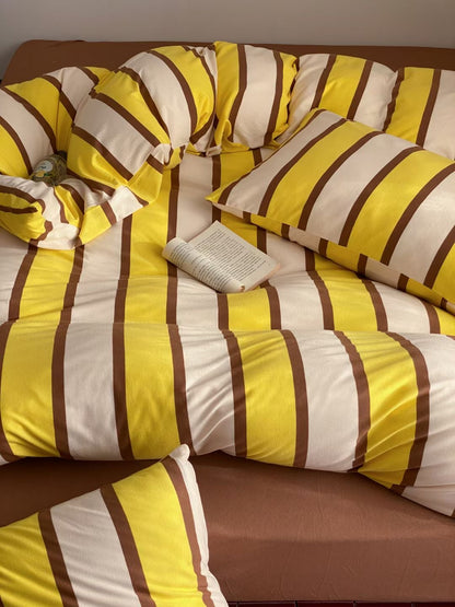 Striped bedding sheets made from soft and breathable cotton knit fabric, offering comfort and a casual, stylish look for your bedroom.