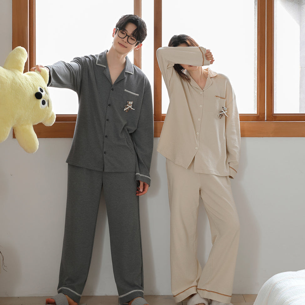 Waffle Bear · Couple Cotton Long Sleeve Pajama Set